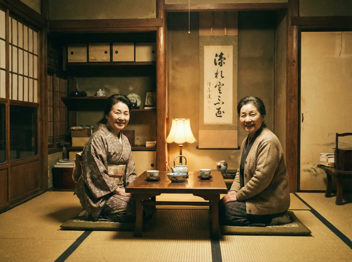 两位优雅的 山手梨爱 在日式茶室中品茶交谈